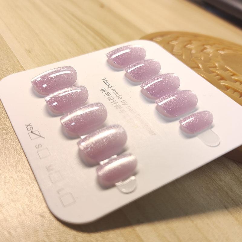 100% HANDMADE Round Shape Fake Nail Set With Glue Art Ice Cream Slightly Transparent Gray Purple Cat'S Eye Short Laser Rainbow Nails Reusable