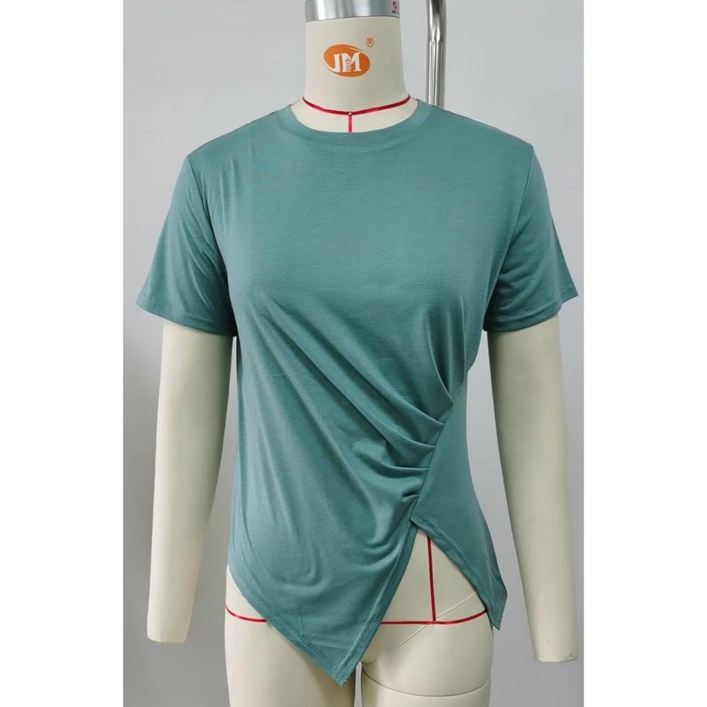 Summer Solid Color Loose Crew Neck Ruched Women's T-shirt Top for Amazon European American Cross-border Foreign Trade
