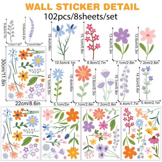 8 Sheets Flowers Wall Decals Watercolor Spring Floral Wall Sticker Colorful Peel And Stick Mural Wall Art for Home Bathroom Kitchen Decor