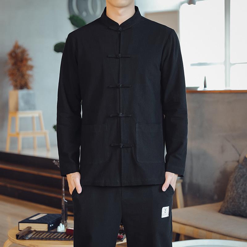 Men's Chinese-Style Linen Shirt: Hanfu-Inspired, Cotton Blend, Buttoned, Collared, Large Size Options Available.