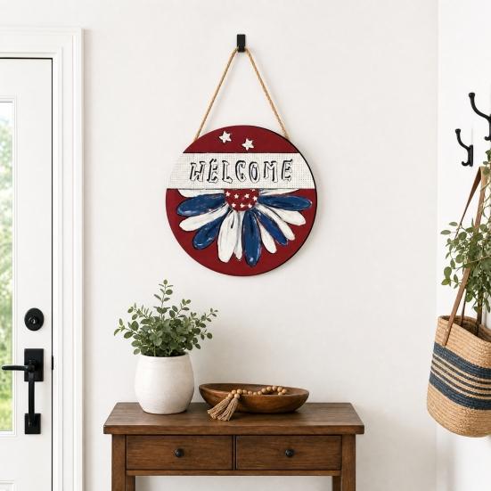 Spring Flower Wreath Welcome Sign, Independence Day Patriotic Hanging Plaque, Round Wooden Door Hanger Decoration for Indoor Outdoor