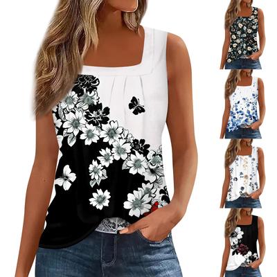 Square Collar Tank Top Women Print Tank Tee Casual Loose Fit Sleeveless Shirt