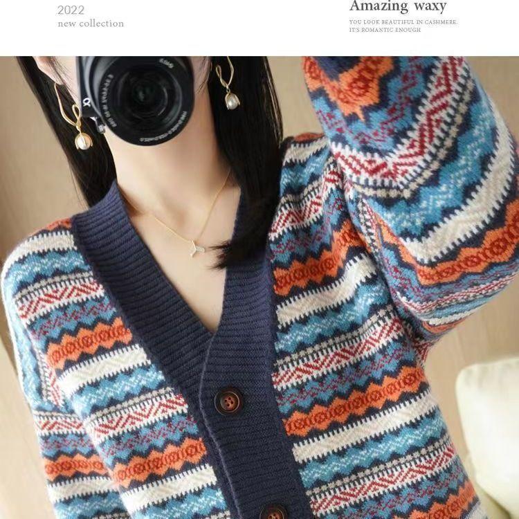 Autumn and winter foreign style striped retro jacquard long-sleeved knitted cardigan fashionable V-neck contrasting color with loose sweater jacket