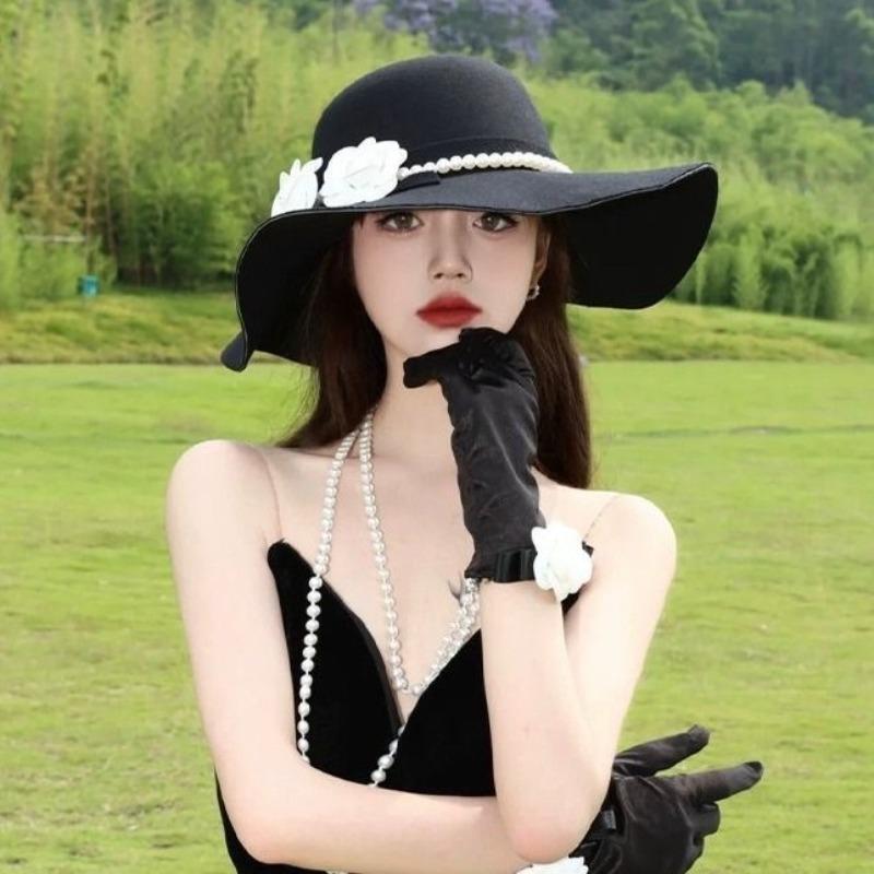 Autumn and Winter Hat Women's Bowler Hat Pearl Flower Big Brim Felt Jazz Hat