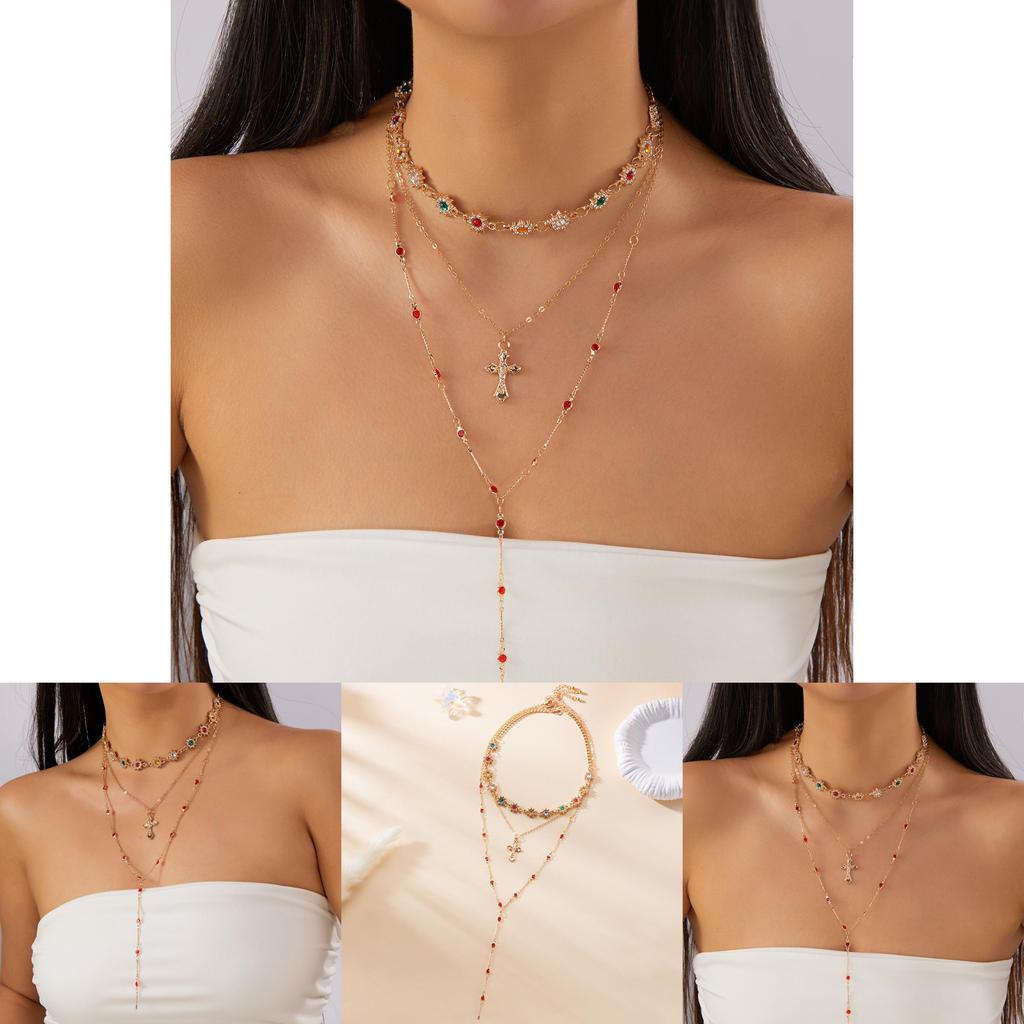 Vintage Luxury Cross Pendant Necklace For Women With Multilayer Chain Gift Idea