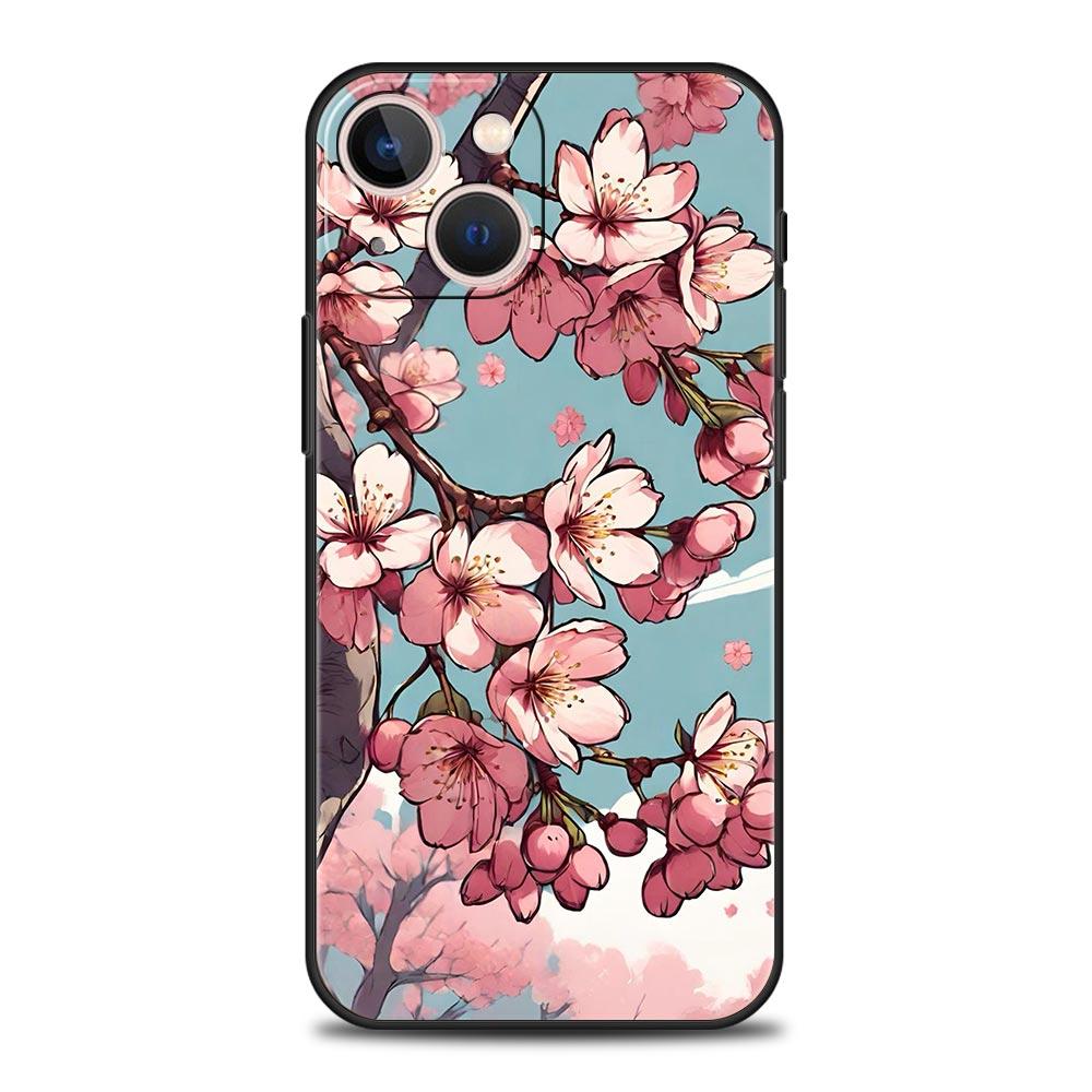 Luxus Handyhülle Für Apple iPhone 11 15 14 Pro MAX 12 13 7 8 Plus X XR XS MAX SE Silikon Schwarze Hülle Funda Kirschblütenbaum