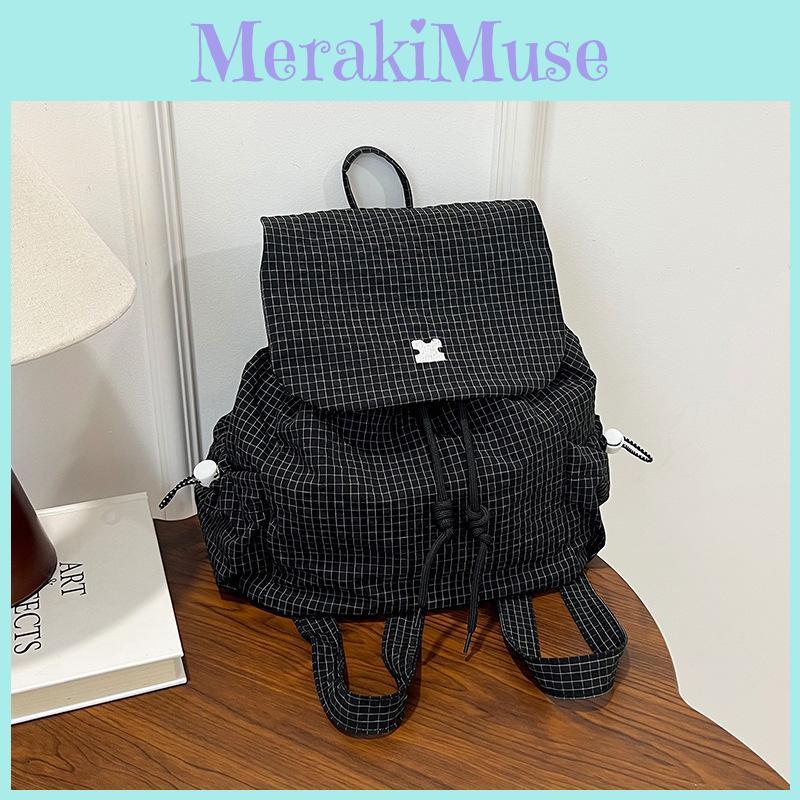 Printed Casual Checkered Backpack With Drawstring Design For Kids Daily Use