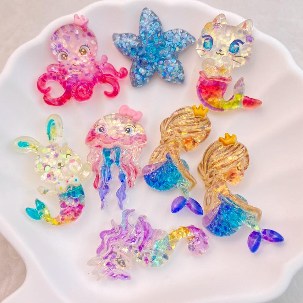 10 Pcs New Cute Bright Cartoon Ocean Mermaids, Seahorses, Starfish Resin Clip Book DIY Jewelry Hairpin Headrope Decoration Craft