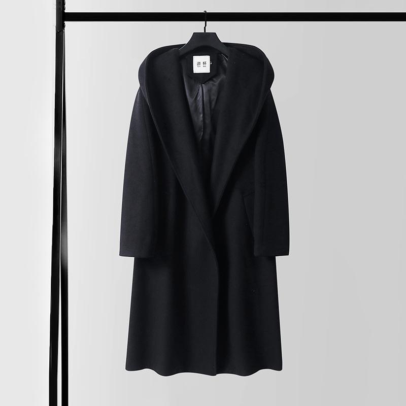 Winter Wool Cashmere Hooded Bathrobe: Long, Cozy, Belted Outerwear Coat Without Buttons