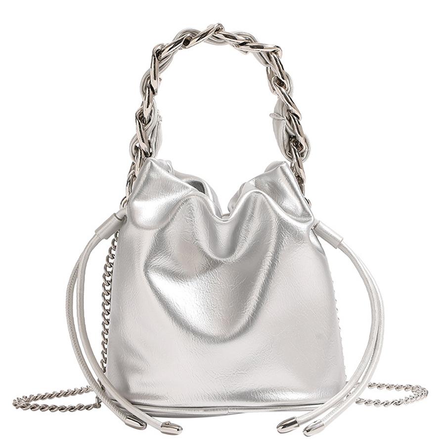 Silver thick chain bucket bags for women pu leather shoulder bag drawstring chains crossbody bags casual commuter purse handbags