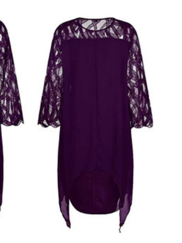 Women's White Round Neck Lace Sleeve Asymmetrical Hem Dress with Multi Color Options