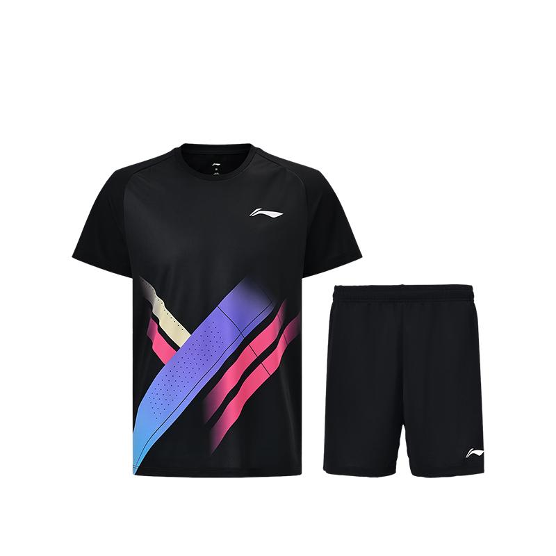 Li Ning Feather Series Comfortable Breathable Moisture Wicking Color Block Striped Short Sleeve Shorts Badminton Sports Suit AATW155-1 S