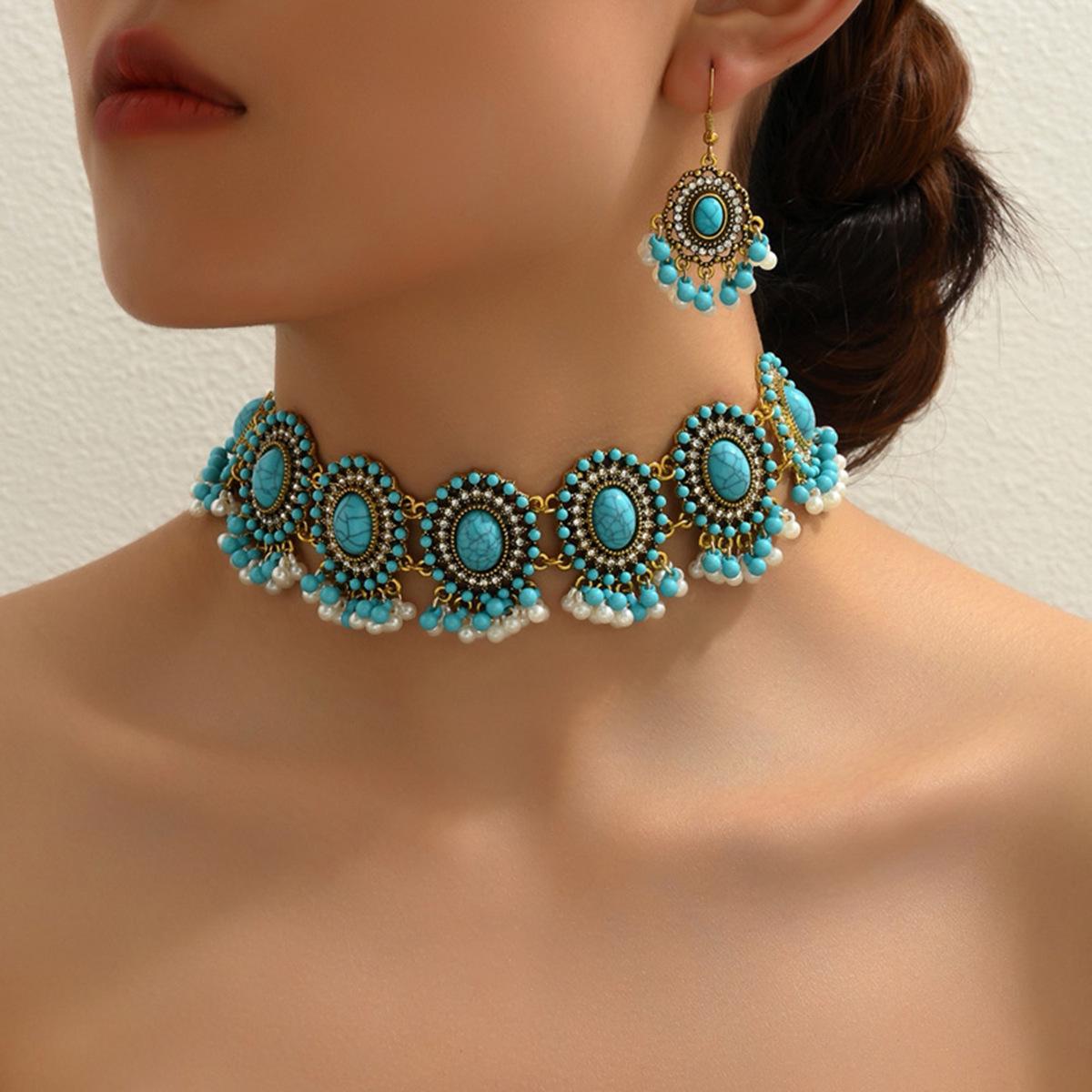 

Pearl Drop Bohemian Ethnic Style Necklace and Earrings Set небесно-голубой