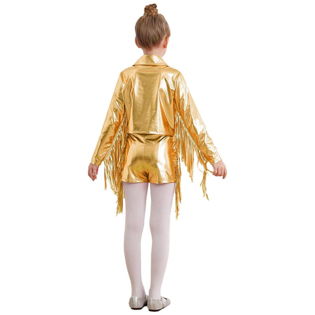 Mädchen Tanzjacke Quasten Fransen Metallic Top Umlegekragen Langarm Reißverschluss Glänzende Jacke Shorts