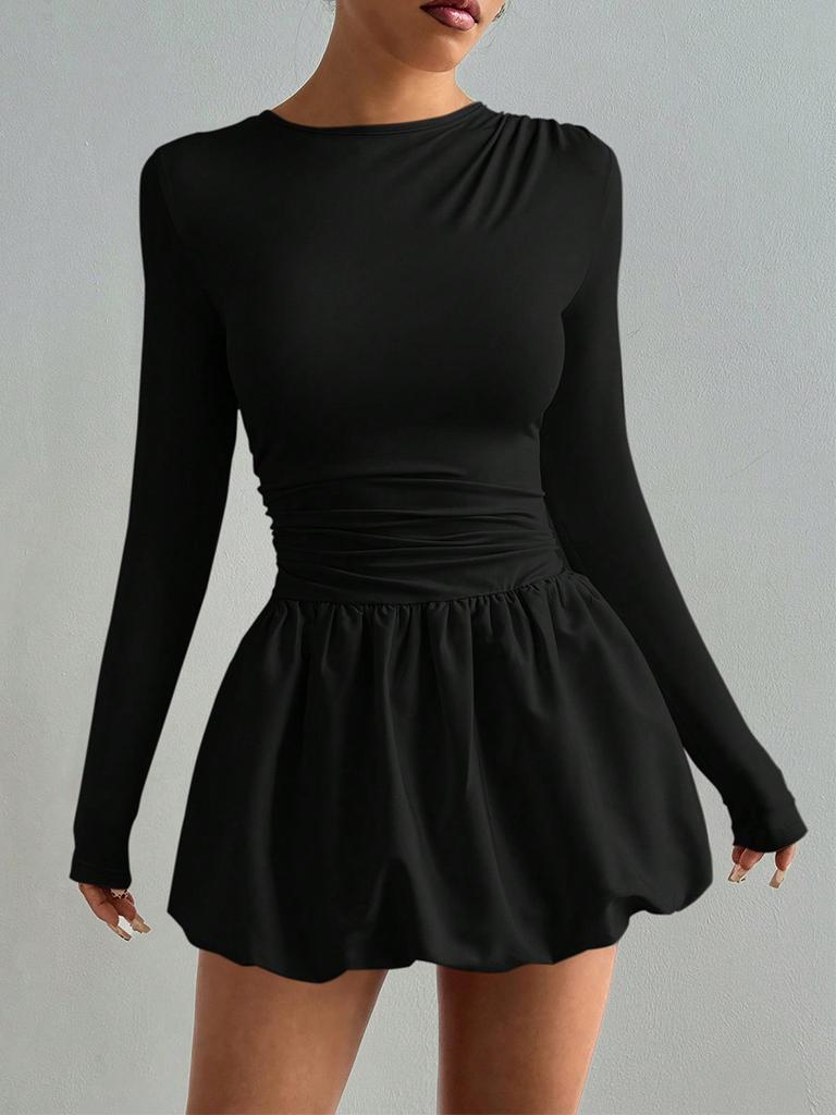 Neues Bordürenkleid Damen Langarm Slim Fit Elastisch Ballonrock