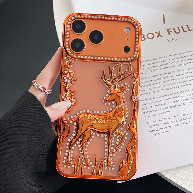 Women Girl's Glitter Diamond Elk Phone Case For iPhone 17 Air 12 13 14 15 16 17 Pro Max Transparent Plating Soft Silicone Cover