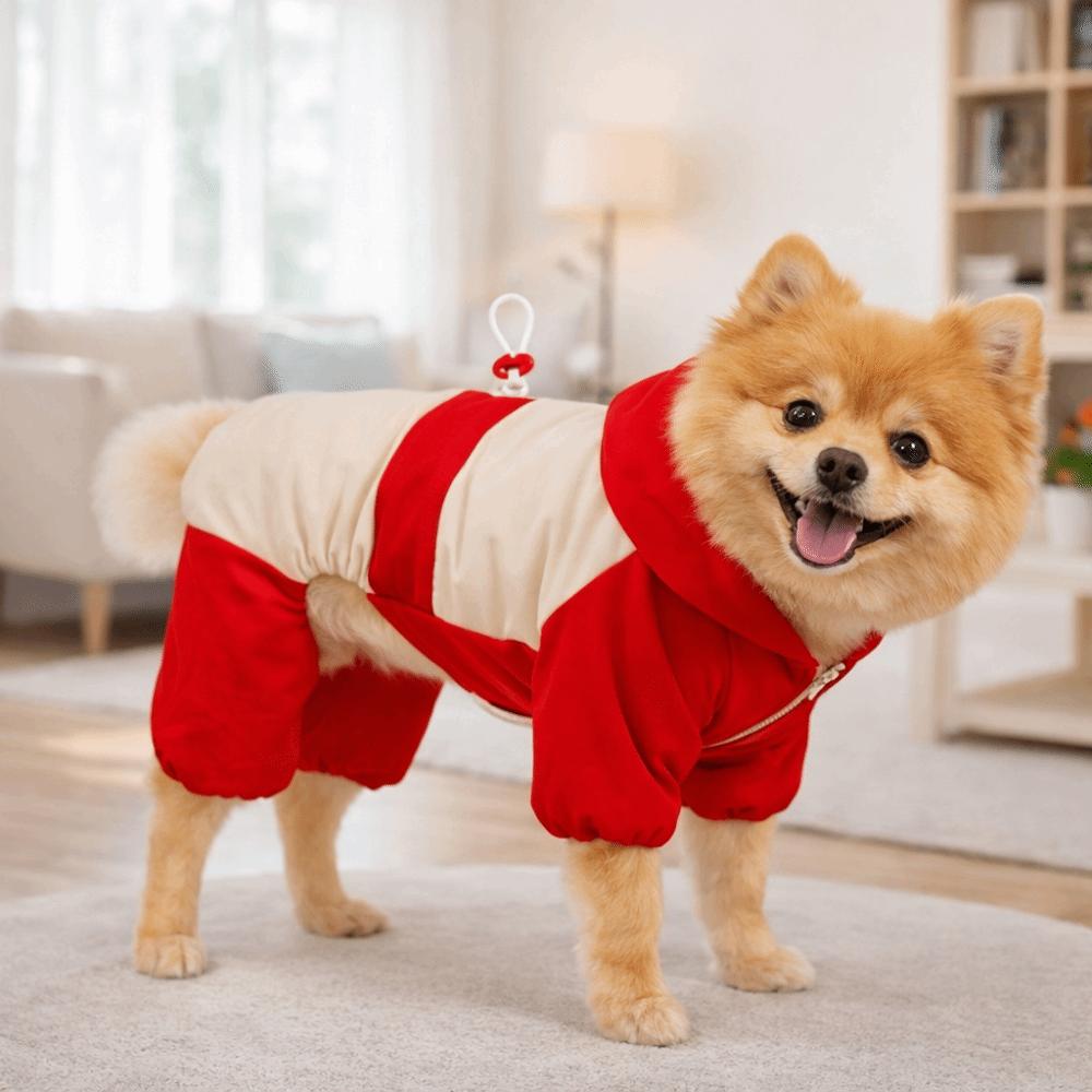 Windproof Dog Hooded Jumpsuit Winter Warm Adjustable Dog Raincoat Thick Velvet Comfortable Dog Four Legged Clothes Indoor