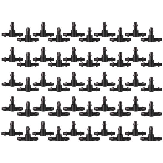50 Pcs Barbed Hose Connectors Drip Irrigation 1/4" Universal Fittings 3-Way Coupling T Connectors for 4/7 Water Tube Garden Lawn Flower Pot