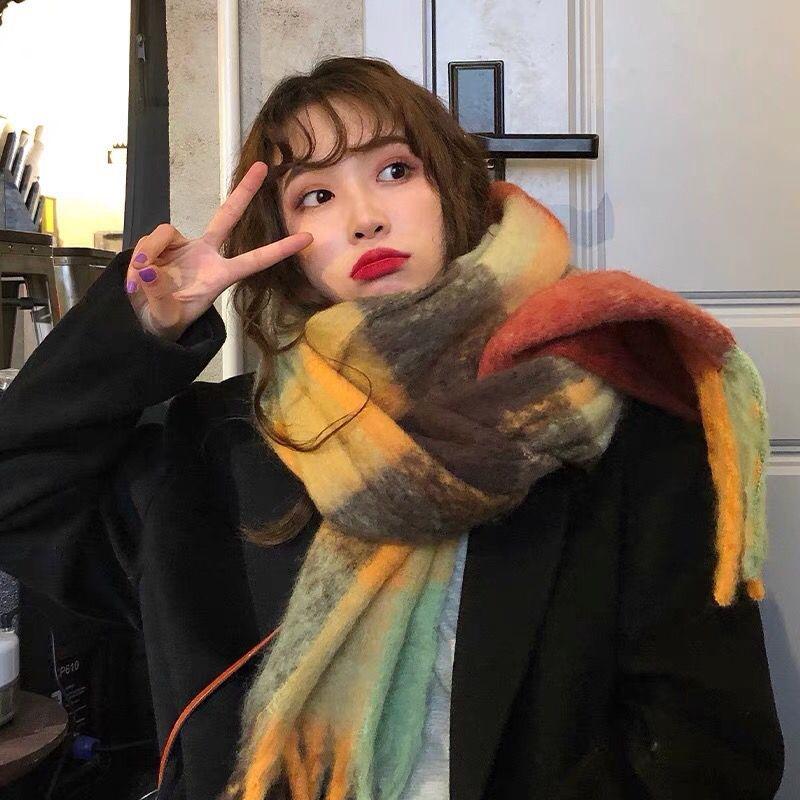 Winter Plaid Tassel Scarf for Women Autumn and Winter Rainbow Color Blocked Imitation Cashmere Mohair Shawl Thickened Scarf for Women