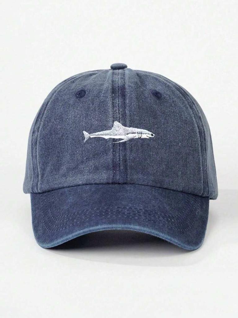 Washed Cotton Baseball Cap With Shark Embroidery, Adjustable Casual Dad Hat For Adults