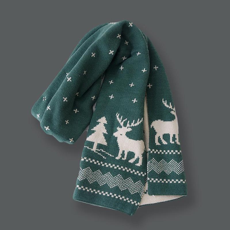 Winter Warm Women Christmas Scarf Xmas Pattern Double-sided Red Outdoor Warm Long Scarf Knitted Scarves Christmas Party Accessories