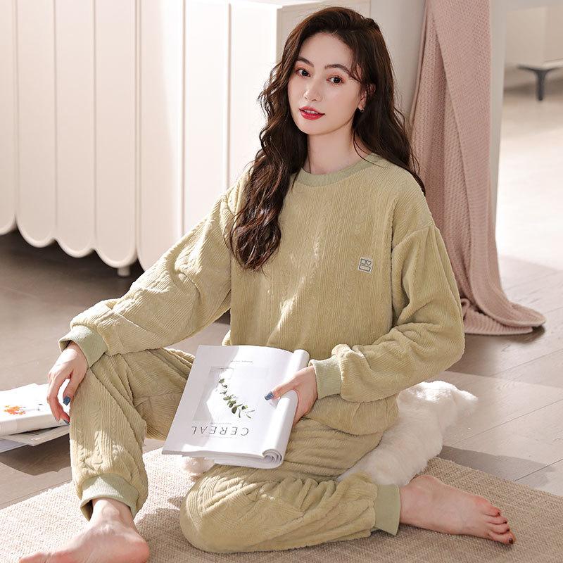 Pajamas Women'S Winter Thickened Fleece Coral Fleece Autumn And Winter Warm Flannel Women'S Winter Large Size Loungewear Set