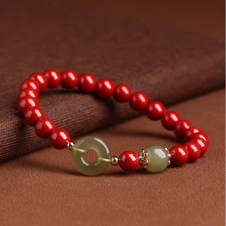 Echtes Zinnoberarmband für Damen, natürliches Hetian-Jade-Friedensschnallen-Armband für Herren, Nischen-Tierkreiszeichen-Schmuckgeschenk