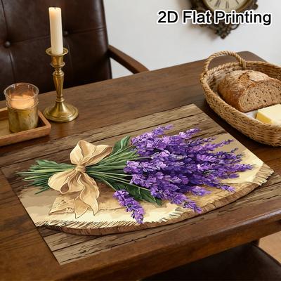 (2D Flat) 4pcs/6pcs Lavender Bouquet On Wood Place Mats, Kitchen Table Mat Sleek Dining Decor, Daily Dine, Kitchen Accent Dinner