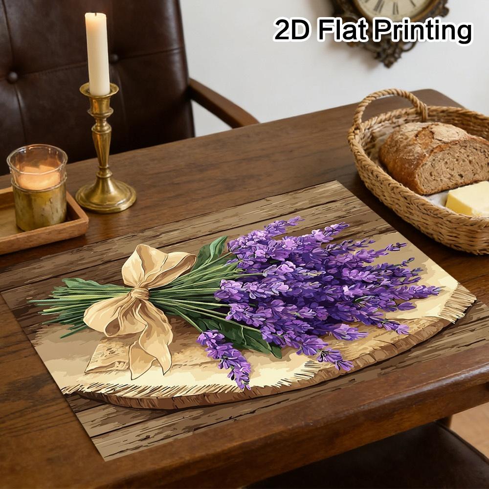

(2D Flat) 4pcs/6pcs Lavender Bouquet on Wood Place Mats, Kitchen Table Mat Sleek Dining Decor, Daily Dine, Kitchen Accent Dinner 4PCS