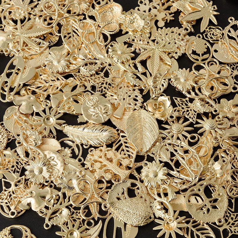 Light Gold Color Plant Series Random Mix 10/20/30/50pcs Ginkgo Tree Maple Leaves Flower Charms For Jewelry Making Bulk Pendants