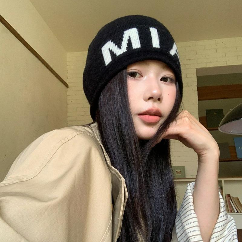 Wool letter bag head hat women's autumn and winter versatile big head circumference pullover cold hat knitted stacking hat