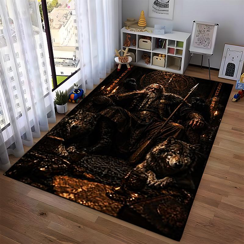 Viking King with Wolves Design Rug Non-slip rug suitable for living room and bedroom sofas