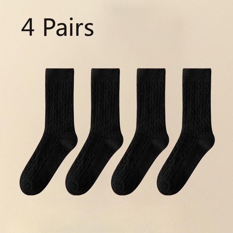 4 Pairs Autumn and Winter Socks, Women's Mid-calf Socks, Wool Imitation, Fleece, Thickened, Warm Solid Color, Retro Pile Socks, Postpartum Socks