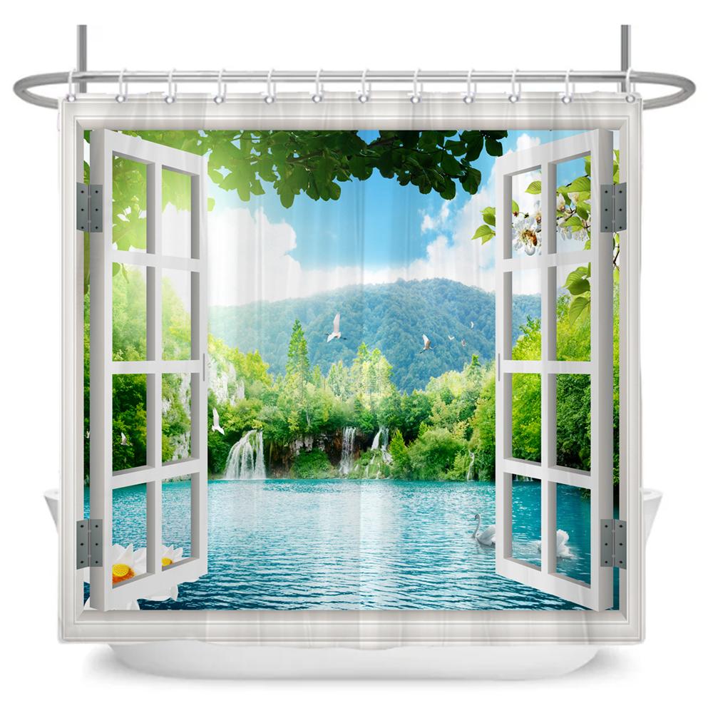 3D Forest Waterfall Landscape Bath Curtain Window Scenery Curtain Spring Nature Rainforest Shower Curtains for Bathroom Decor