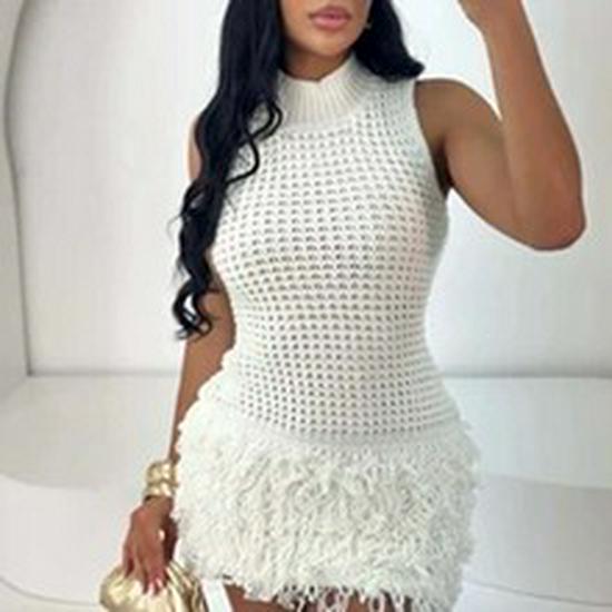 Women's White Cable Knit Patchwork Dress with Polo Collar and Pleated Skirt – Slim Fit Summer Mini Dress