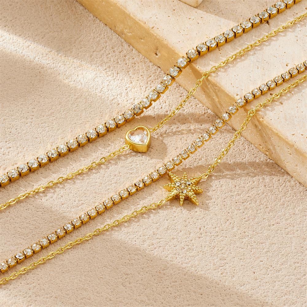 Simple Versatile Rhinestone Eight-Pointed Star Heart Pendant Full Diamond Chain Double Layer Bracelet