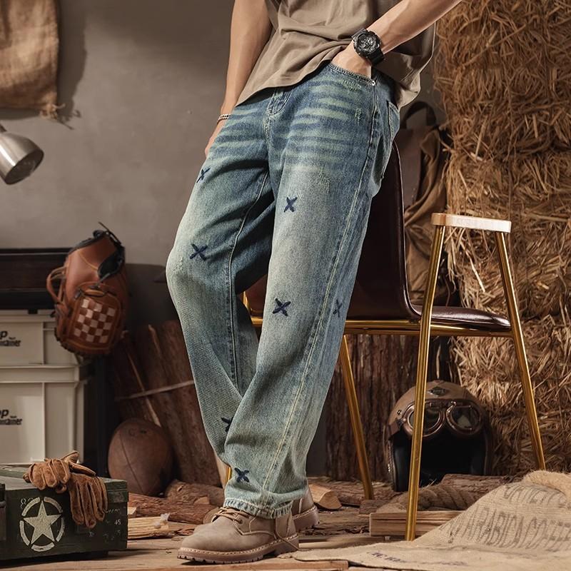 Amerikanische gewaschene Retro-blaue bestickte Jeans Herren gerade locker weit geschnittene trendige lässige Hose verlängert Frühling und Sommer