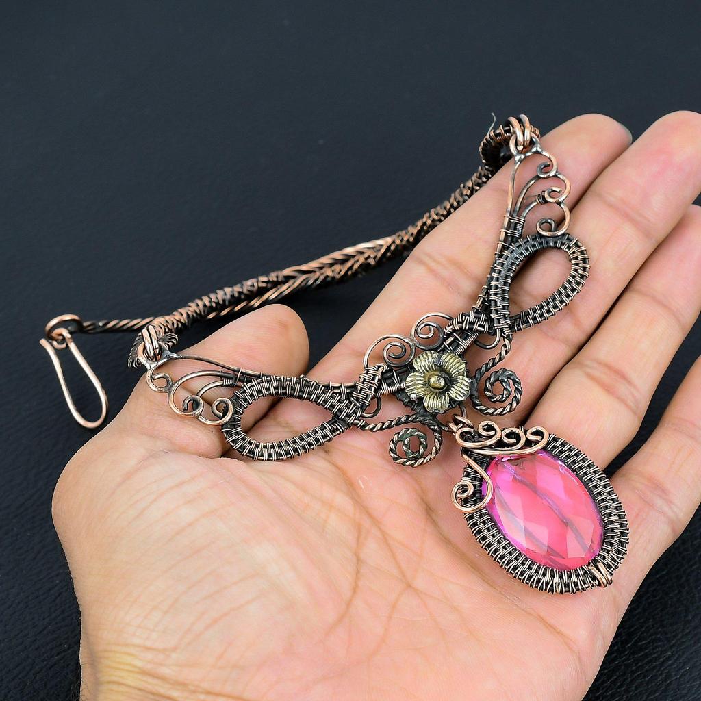 Pink Kunzite Necklace Handmade Jewelry, 999 Copper Wire Wrapped Necklace Designer Gemstone Jewelry Adjustable Chain Necklace Gift For Mom