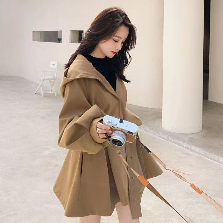 Women's Korean Chic Hooded Trench Coat with Lantern Sleeves - Spring & Autumn Casual British Style