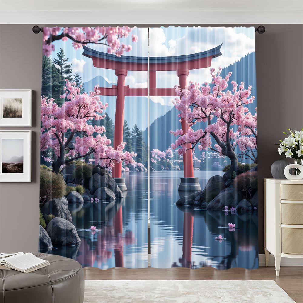 Flat Printing Party Window Curtains Sakura Torii Gate Japanese Art Polyester Birthday Aesthetic Room Blackout Set Of 2 Made