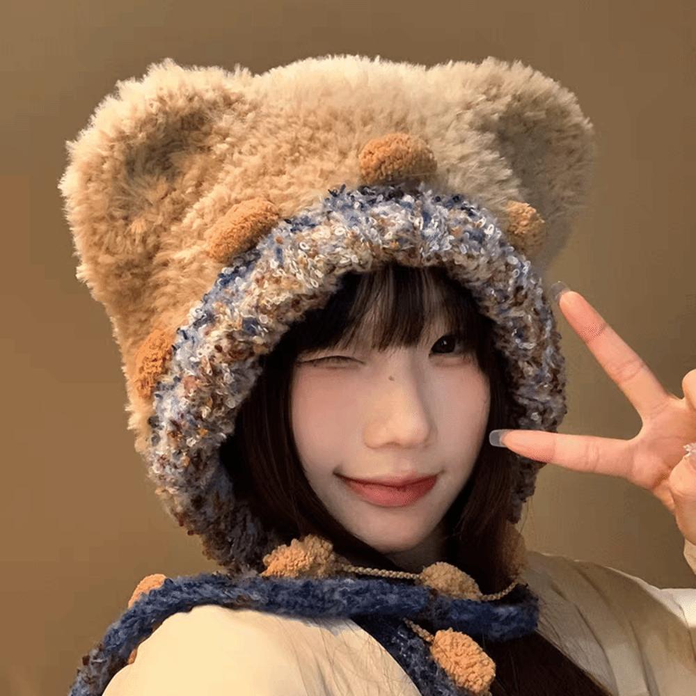 Fluffy Lei Feng Hat Ear Protection Winter Warm Hat Fashion Bear Ear Plush Hat Girls