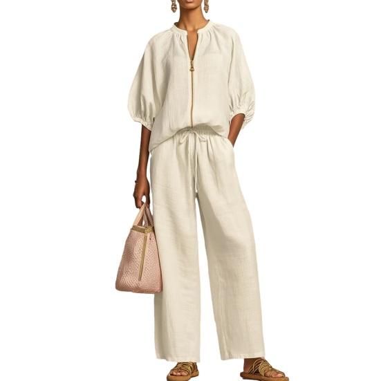 

Women s 2 Piece Tracksuit Full Zip V Neck Short Puff Sleeve Top And Wide Leg Pants Casual Vacation Lounge Outfits 2XL белый