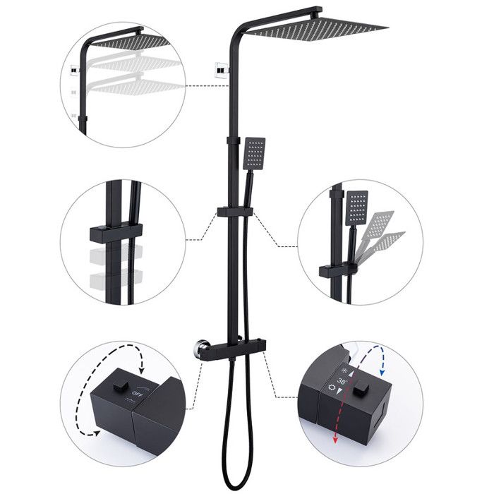 Colonne de Douche - Mitigeur Thermostatique - Noir - Hauteur Réglable 90-116 cm - Douchette 12 pouces