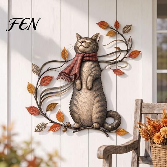 Autumn Theme Door Decorations Cat Metal Wall Decor, Fall Tin Sign Plaque, Swing Indoor Outdoor Art Decoration for Thanksgiving Harvest Festival,
