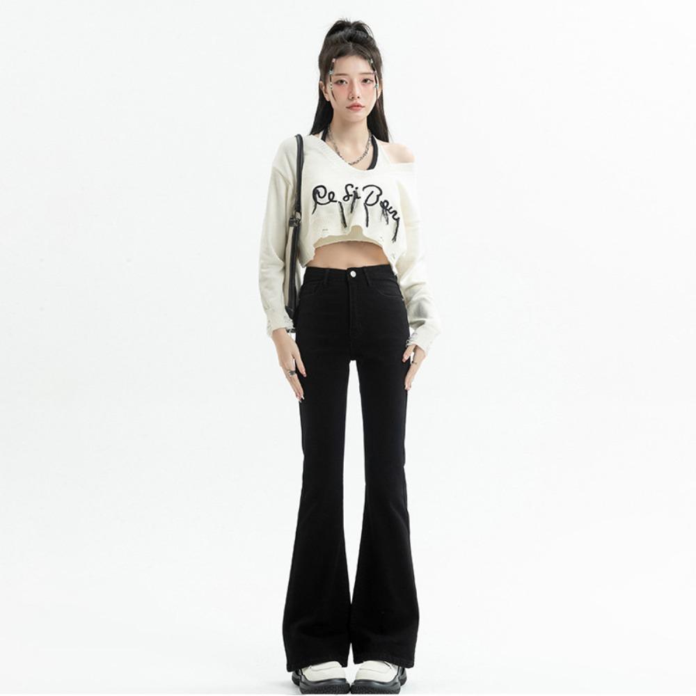 

Korean high-waisted and slightly pulled jeans women s spring and summer new slim-fitting and thin mopping horseshoe casual jeans tide 2XL чёрный