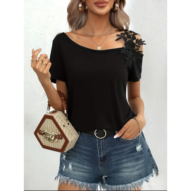Women's Fashion Casual Summer Spring Solid Color Print Short Sleeve Oblique Collar Blouses & Shirts