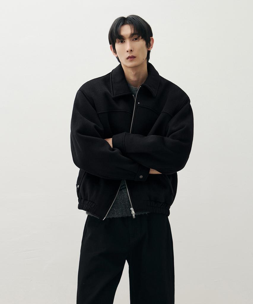 Draw Fit Wool Collar Zip-Up Blouson Jacket [Black]