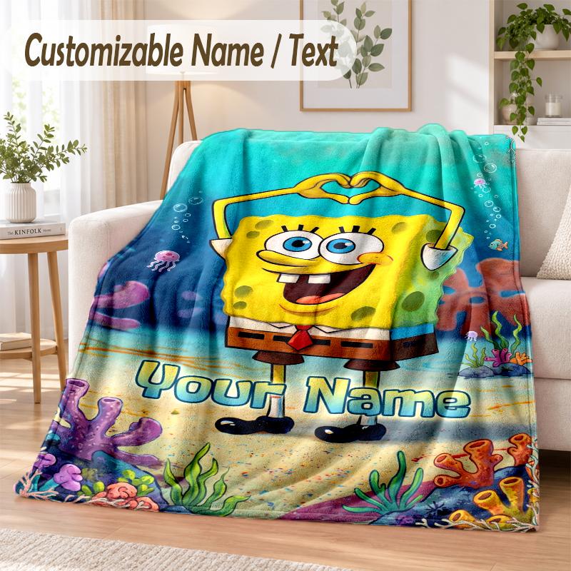 SpongeBob Custom Name Flannel Throw Blanket Soft Warm for Sofa Bed Indoor Home Use
