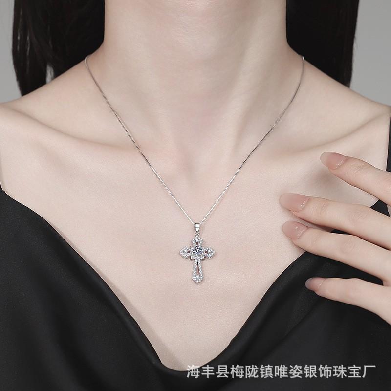 Moissanite Cross Pendant Necklace Women Trendy Light Luxury Hip Hop Style Jewelry