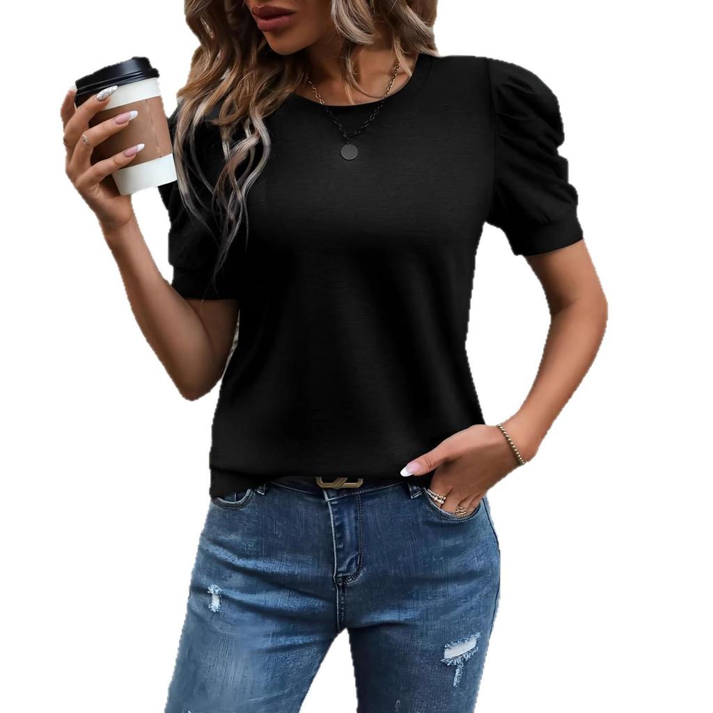 2026 Sommer Damen Vielseitiges Lässiges T-Shirt mit Puffärmeln und Rundhalsausschnitt